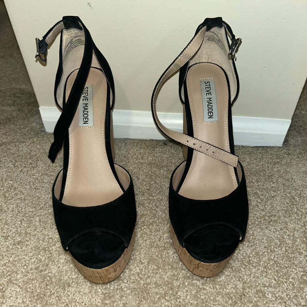 Steve Madden Black Suede & Cork Wedges